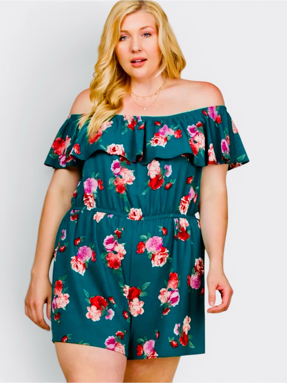 Emerald Teal Off-Shoulder Floral Romper